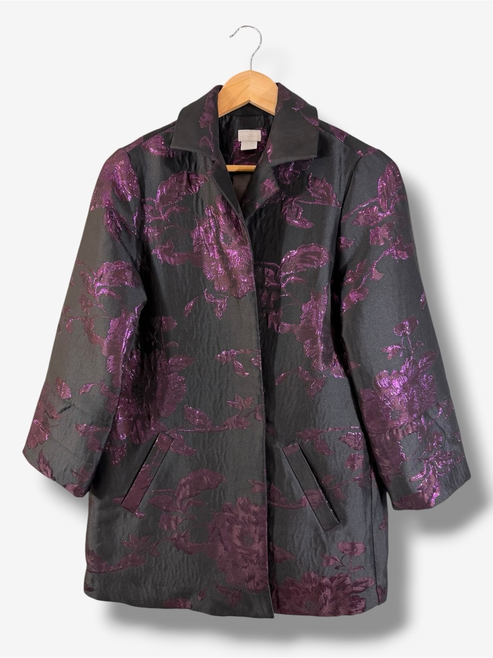 Chico's Travelers Black Magenta Metallic Floral Jacquard Jacket Size 0 (US 4/6)